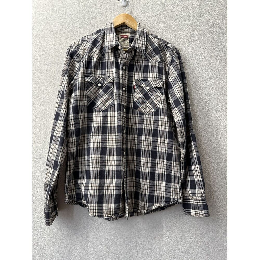 Levi's Men's Snap Button Shirt Plaid Long Sleeve Elbow Patch 100% Cotton Large